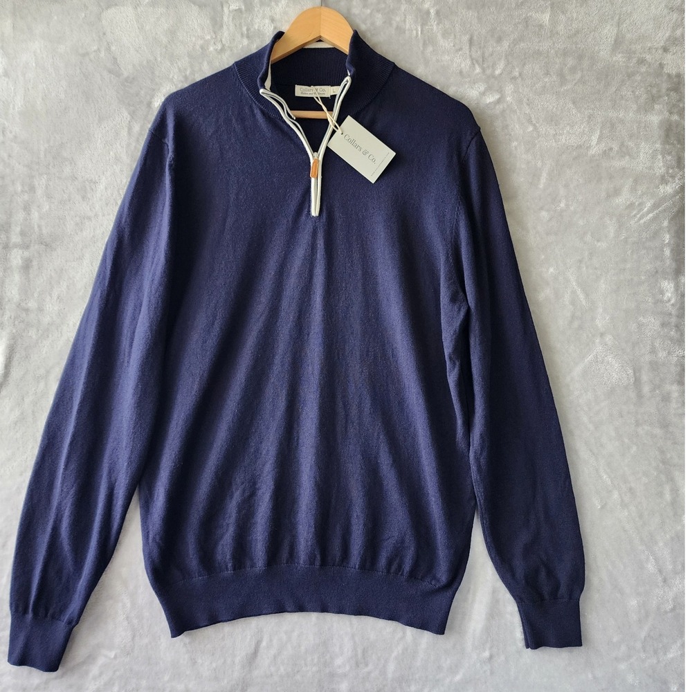 Collars & Co Sweater Mens Size Large Cotton Cashmere Navy Blue Quarter Zip NWT